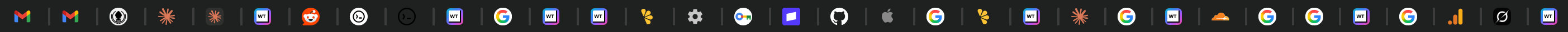 A Mac tab bar with 30+ tabs open across multiple browsers — titles are gone, only favicons remain
